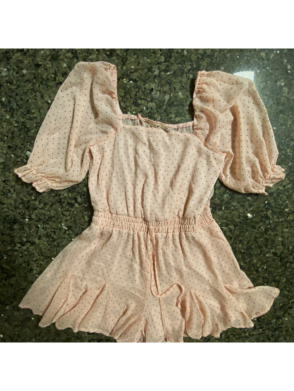 Mai Ami Pink Black Polka Dot Chiffon Puff Sleeve Smocked Romper Size M